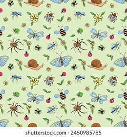 Seamless childish pattern with cute flowers, butterfly, snails, bugs. Insects on glade. Vector illustration. For textile, print, kids surface design