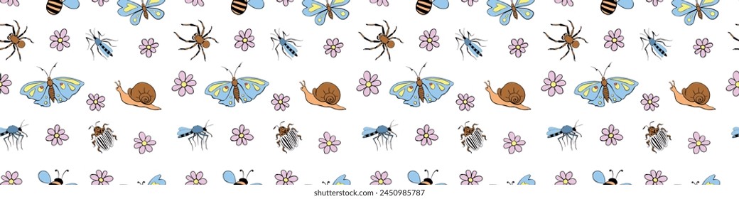 Seamless childish pattern with cute flowers, butterfly, snails, bugs. Insects on glade. Vector illustration. For textile, print, kids surface design