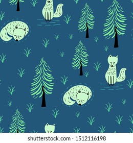 Seamless childish pattern with cute fox in the forest. Creative jungle texture for fabric, wrapping, textile, wallpaper, apparel. Vector illustration