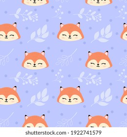 Seamless childish pattern with cute fox and plant branches.  Baby texture for fabric, wrapping, textile, wallpaper, clothing. Vector illustration