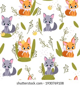 Seamless childish pattern with cute fox and wolf. Seamless pattern for fabric, paper, wrapping and other