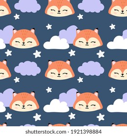 Patrón infantil sin foco con zorros lindos, nubes, estrellas. Textura para bebés para tela, envoltura, textil, papel pintado, ropa. Ilustración del vector