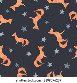 Seamless childish pattern with cute foxes and stars. Vector night illustration.