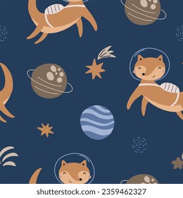 Seamless childish pattern with cute foxes in space with outer space elements. Creative childish texture for fabric, packaging, textiles, wallpaper, clothing. Vector illustration