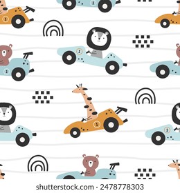 Patrón infantil sin costuras con lindos animales divertidos paseos en un coche de carreras sobre un fondo de rayas. Textura de los niños para la tela, envoltura, textil, Fondo de pantalla, diseño de la ropa. Vector de dibujos animados