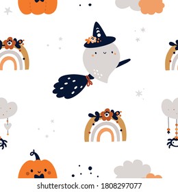 Seamless childish pattern with cute ghosts, spiders and rainbows . Children background for halloween celebration. Kids texture for print, textile, wallpaper, apparel, fabric, wrapping paper