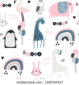Seamless childish pattern with cute giraffe, penguin, rainbow, elephant, bunny, flamingo, owl and textures. Creative kids texture for fabric, wrapping, textile, wallpaper, apparel. Vector illustration