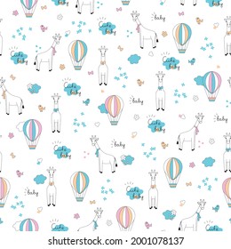 Seamless childish pattern with cute giraffe and hot air balloon. Creative kids texture for fabric, wrapping, textile, wallpaper, apparel. Vector illustration