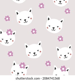 Seamless childish pattern with cute girl cats faces and flowers. Creative kids hand drawn texture for fabric, wrapping, textile, wallpaper, apparel. Vector illustration