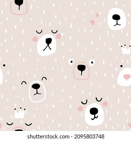 Seamless childish pattern with cute girl bear faces. Brush stroke texture. Great for fabric, textile, apparel. Vector illustration