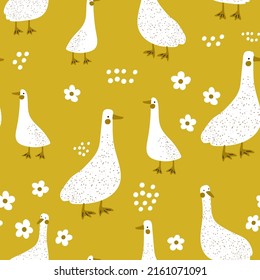 Seamless childish pattern with cute gooses on the meadow. Kids yellow texture with funny ducks. Vector illustration