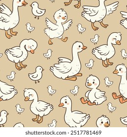 Seamless childish pattern with cute gooses and small chiks. Kids beige texture with funny ducks. Vector illustration for newborn prints