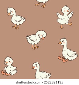 Seamless childish pattern with cute gooses and small chiks. Kids beige texture with funny ducks. Vector illustration for newborn prints