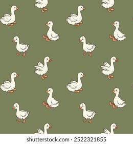 Seamless childish pattern with cute gooses and small chiks. Kids beige texture with funny ducks. Vector illustration for newborn prints