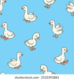 Seamless childish pattern with cute gooses and small chiks. Kids blue texture with funny ducks. Vector illustration for newborn prints