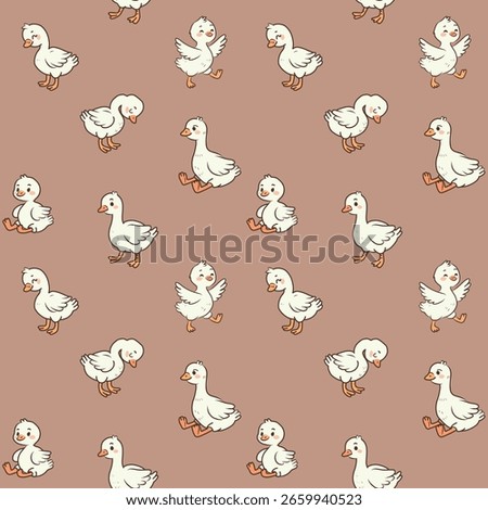 Seamless childish pattern with cute gooses and small chiks. Kids beige texture with funny ducks. Vector illustration for newborn prints