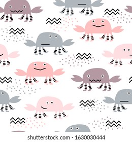 Seamless childish pattern with cute grey and pink crabs.