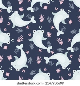 Seamless Childish Pattern With Cute Hammerhead Sharks For Nursery, Baby Shower, Textile.