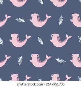 Seamless Childish Pattern With Cute Hammerhead Sharks For Nursery, Baby Shower, Textile.