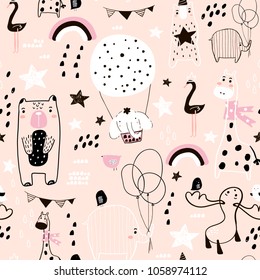 Seamless childish pattern with cute hand drawn animals and textures. Creative kids texture for fabric, wrapping, textile, wallpaper, apparel. Vector illustration