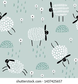 Seamless childish pattern with cute hand drawn sleeping sheeps. Creative scandinavian kids texture for fabric, wrapping, textile, wallpaper, apparel. Vector illustration