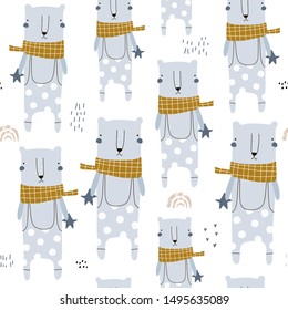 Seamless childish pattern with cute hand drawn bears. Creative winter kids hand drawn texture for fabric, wrapping, textile, wallpaper, apparel. Vector illustration