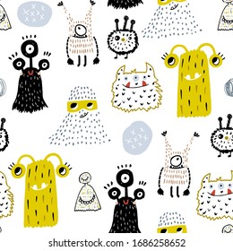 Seamless childish pattern with cute hand drawn monsters. Creative kids texture. Perfect for apparel, fabric, textile, wallpaper.