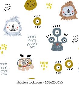 Nahtlose kindliche Muster mit süßen handgezeichneten Monstern. Kreative Kindertextur. Perfekt für Bekleidung, Stoff, Textilien, Tapeten.
