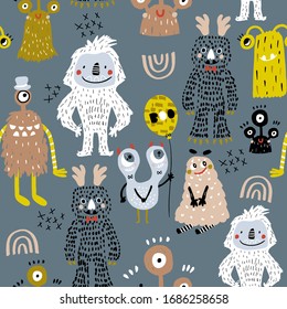 Seamless childish pattern with cute hand drawn monsters. Creative kids texture. Perfect for apparel, fabric, textile, wallpaper.