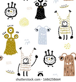 Seamless childish pattern with cute hand drawn monsters. Creative kids texture. Perfect for apparel, fabric, textile, wallpaper.
