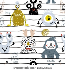 Seamless childish pattern with cute hand drawn monsters. Creative kids texture. Perfect for apparel, fabric, textile, wallpaper.