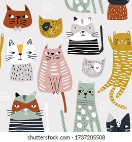 Seamless childish pattern with cute hand drawn cats. Creative kids hand drawn texture for fabric, wrapping, textile, wallpaper, apparel. Vector illustration