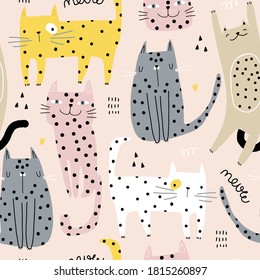 Seamless childish pattern with cute hand drawn polka dot cats. Creative kids hand drawn texture for fabric, wrapping, textile, wallpaper, apparel. Vector illustration