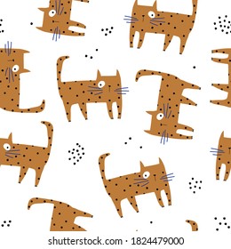 Seamless childish pattern with cute hand drawn cats. Creative kids hand drawn texture for fabric, wrapping, textile, wallpaper, apparel. Vector illustration