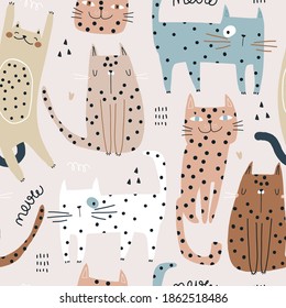 Seamless childish pattern with cute hand drawn polka dot cats. Creative kids hand drawn texture for fabric, wrapping, textile, wallpaper, apparel. Vector illustration