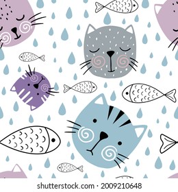 Seamless childish pattern with cute hand drawn cats and drops. Vector illustration with cartoon cat faces and fishes with black doodle stroke on white background.