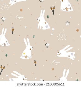 Seamless childish pattern with cute hand drawn rabbits and botanical elemnts. Creative kids hand drawn texture for fabric, wrapping, textile, wallpaper, apparel. Vector illustration