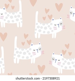 Seamless childish pattern with cute hand drawn cats and hearts. Creative kids hand drawn texture for fabric, wrapping, textile, wallpaper, apparel. Vector illustration