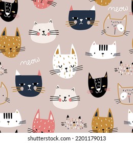 Seamless childish pattern with cute hand drawn cat faces. Creative kids hand drawn texture for fabric, wrapping, textile, wallpaper, apparel. Vector illustration