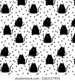 Seamless childish pattern with cute hand drawn cat. for fabric, print, textile, wallpaper, apparel
