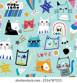 Patrón infantil sin fisuras con lindos gatos dibujados a mano. Textura dibujada a mano de los niños modernos creativos para la tela, envoltura, materia textil, Fondo de pantalla, ropa. Ilustración vectorial