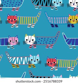 Seamless childish pattern with cute hand drawn cats. Creative colourful cat pink texture for fabric, wrapping, textile, wallpaper, apparel. Vector illustration