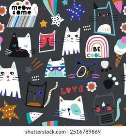 Seamless childish pattern with cute hand drawn cats. Creative modern kids hand drawn texture for fabric, wrapping, textile, wallpaper, apparel. Vector illustration