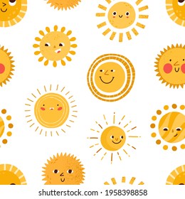 Seamless childish pattern with cute happy smiling sun characters on white background. Design of repeatable sunny texture in doodle style. Colored flat graphic vector illustration for printing.
