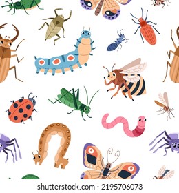 Seamless childish pattern with cute happy insects. Endless background with funny beetles, bugs, worms repeating print. Kids texture with bee, ladybug, butterfly. Colorful flat vector illustration