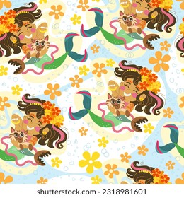 Seamless childish pattern with cute happy mermaids, flowers and a cat. Vector illustration flat style. Creative kids texture for design, print, linen, fabric, wrapping, textile, wallpaper and apparel