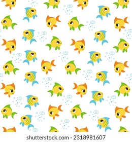Seamless childish pattern with cute happy yellow fishes on a white background. Vector illustration . Creative kids texture for design, print, linen, fabric, wrapping, textile, wallpaper and apparel