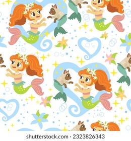 Seamless childish pattern with cute happy mermaid and her cat. Vector illustration flat style. Creative kids texture for design, print, linen, fabric, wrapping, textile, wallpaper and apparel