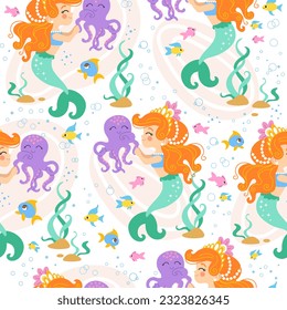 Seamless childish pattern with cute happy mermaid and and octopus. Vector illustration flat style. Creative kids texture for design, print, linen, fabric, wrapping, textile, wallpaper and apparel