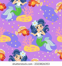 Patrón infantil sin foco con una sirena feliz y un pez rojo sobre el fondo del fondo marino. Estilo plano de ilustración vectorial. Texturas para niños de diseño, estampado, lino, tela, envoltura, papel textil y tapicería